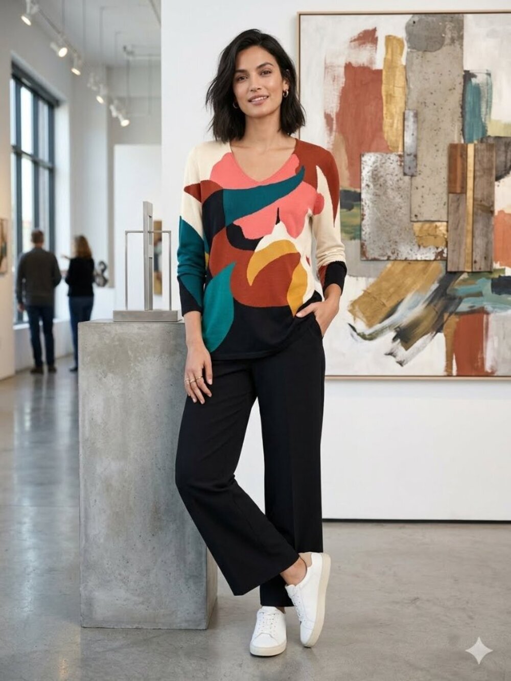 Chico's Size M Multicolor Abstract Print V-Neck Long Sleeve Cotton Blend Sweater